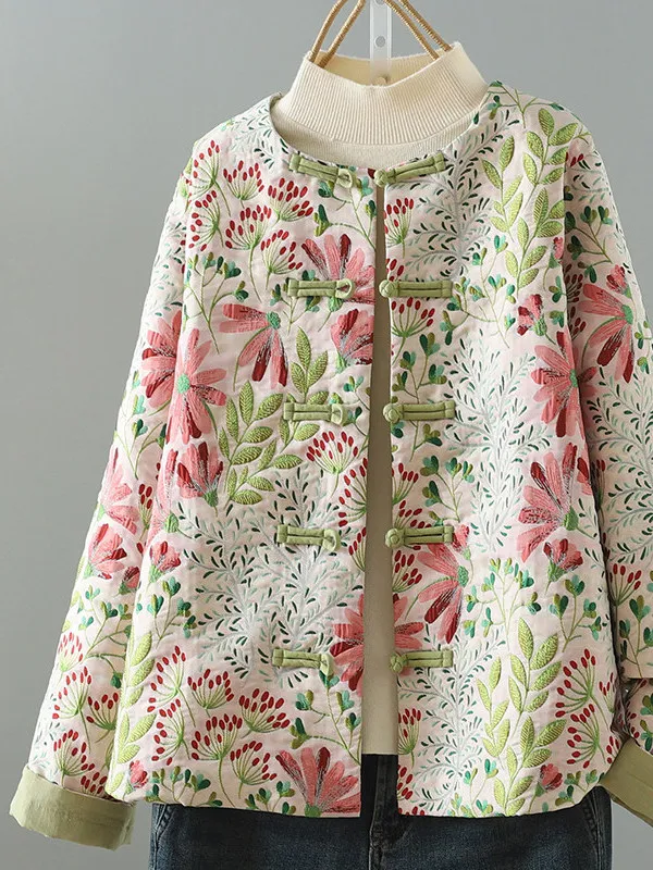 

Floral Embroidery Women's Shirt National Style Long Sleeve Artistic Commute Silk Top Autumn Winter Floral Print Jacket
