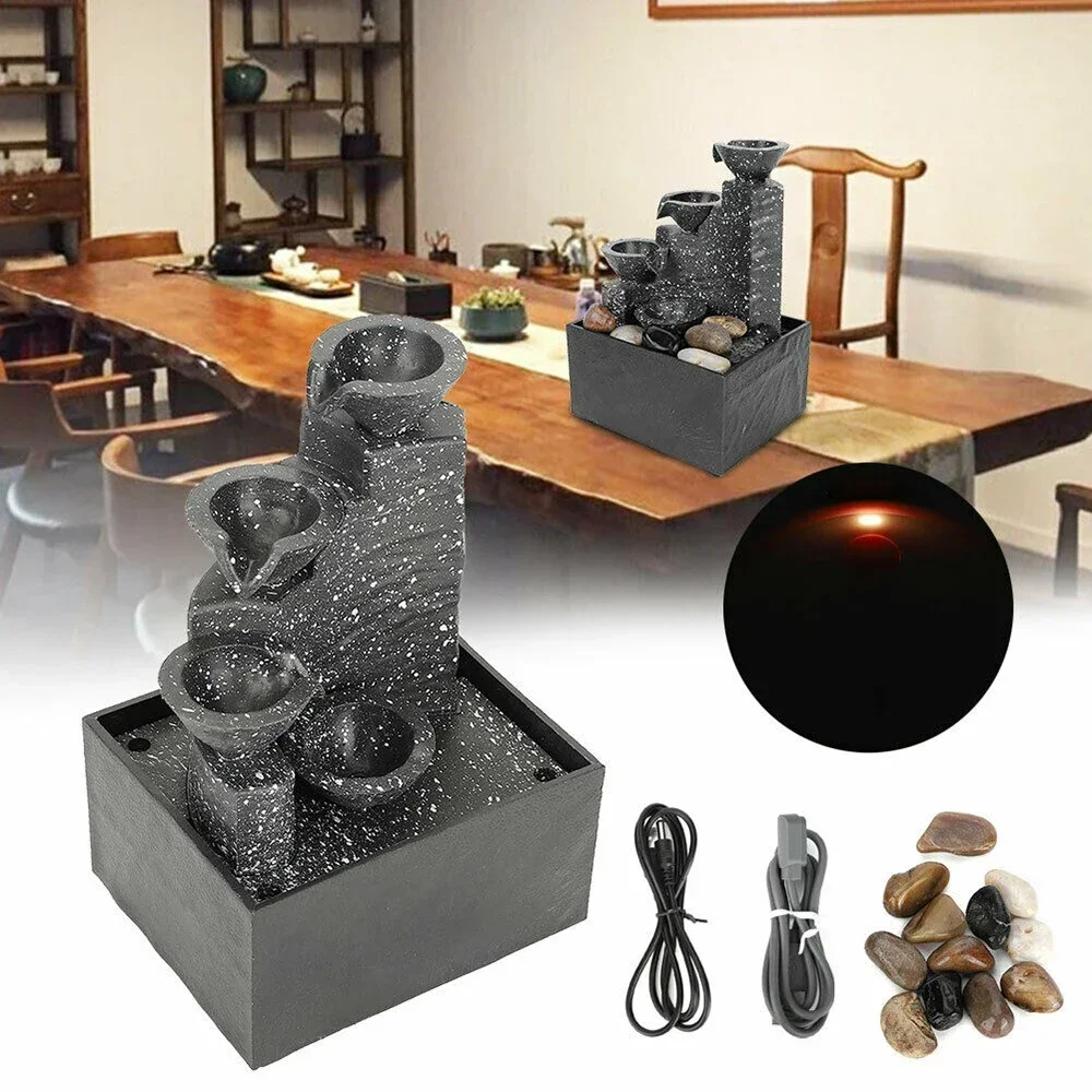 Indoor Tabletop Fountain Water Feature LED Lights Statues Home Decor With Irregular Stone USB Charge Cable 5V/1A