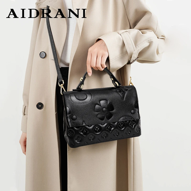 Aidrani-Sac à main en cuir véritable pour femme, porte-documents en cuir de cercle souple, sac à bandoulière design fleuri, 100%