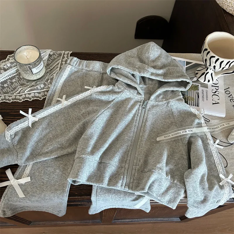 

Spring Autumn Kids Girls 2PCS Clothes Set Zipper Kontbow Hoodies Cotton Loose Pants Suit Suit Children Baby Girls Tracksuit