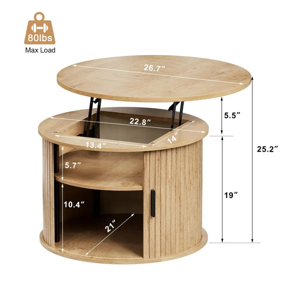 

Round Lift Top Coffee Table, Fluted Wood Accent Coffee Table with Hidden Storage and Open Shelves, Drum Table with Sliding Roll