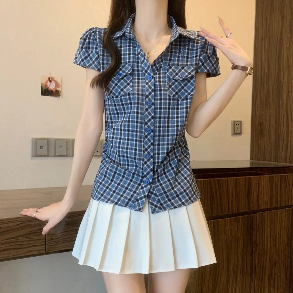 

Ins Short Blue Grid Shirt Ruffle Streetwear Women Blue Grid Blouse Pink Korean Style Long Sleeve Tops Travel