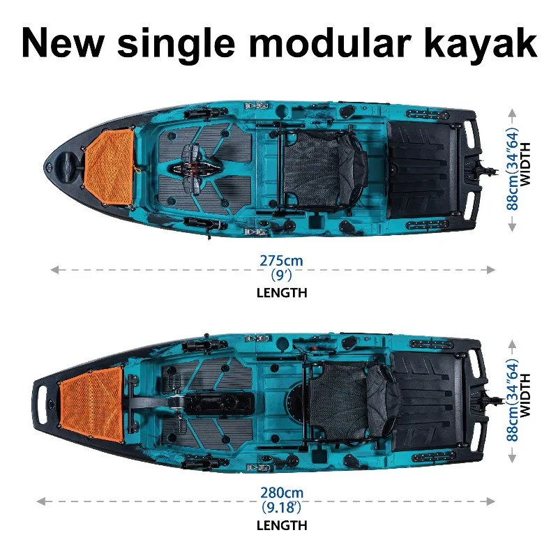 9ft Modular Single Seat Pedal Drive Fishing Kayak HDPE Plastic Rotomolded 2 Section Sit Top 1 Person Capacity Eco-Friendly