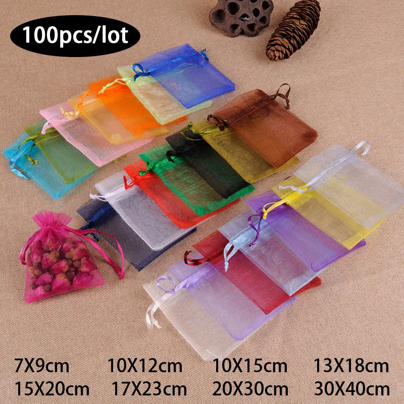 100Pcs/lot 7x9 9x12 10x15 13x18CM Organza Bags Jewelry Bag Wedding Party Decoration Drawable Bags Gift Pouches Jewelry Packaging