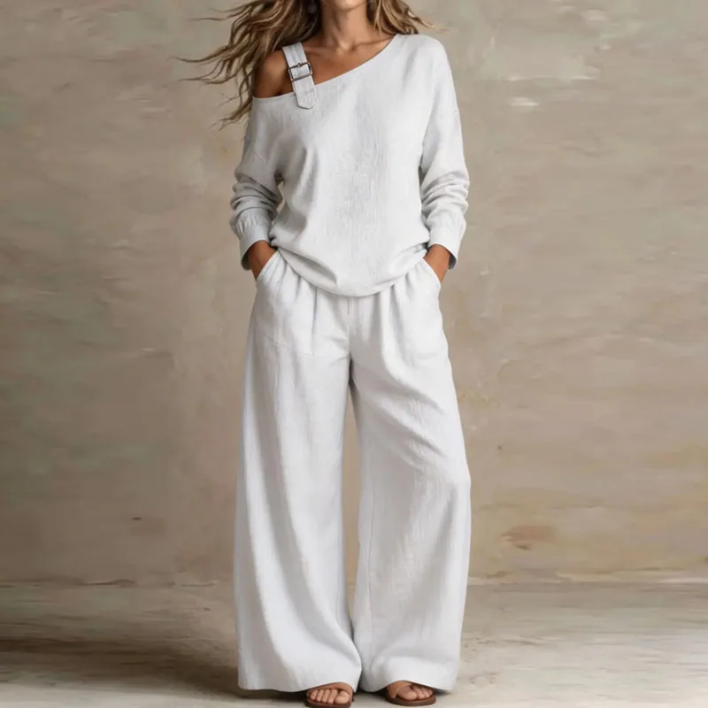 Greenora Elegant One Shoulder Buckle Strap Set Long Sleeve Solid Pocket Wide Leg Pants Suit Lightweight Women Casual Daily 2 Pie