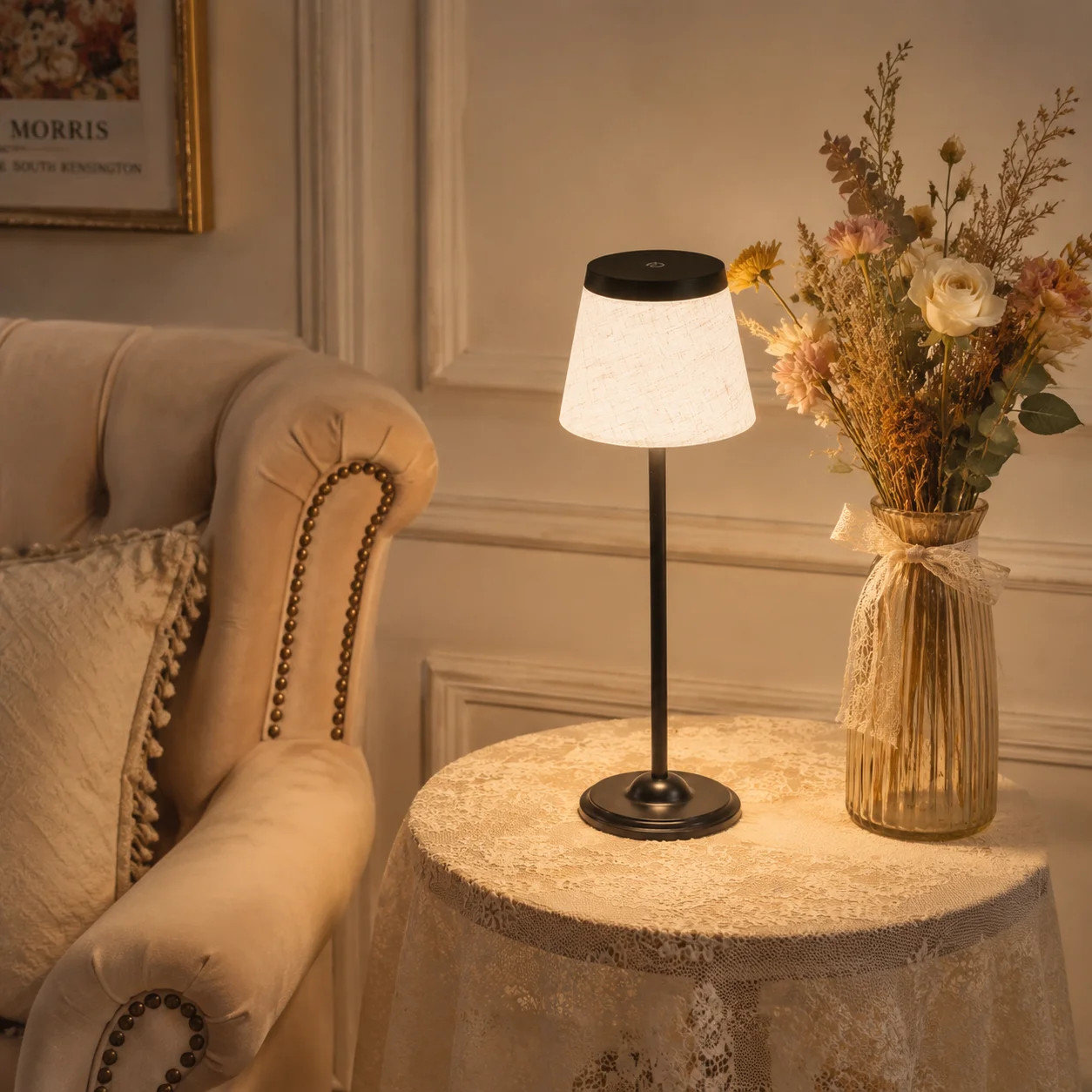 Rechargeable LED Table Lamp with Fabric Shade, Touch Control , 3 Color Modes Stepless Dimming, for  Restaurant Home Decor