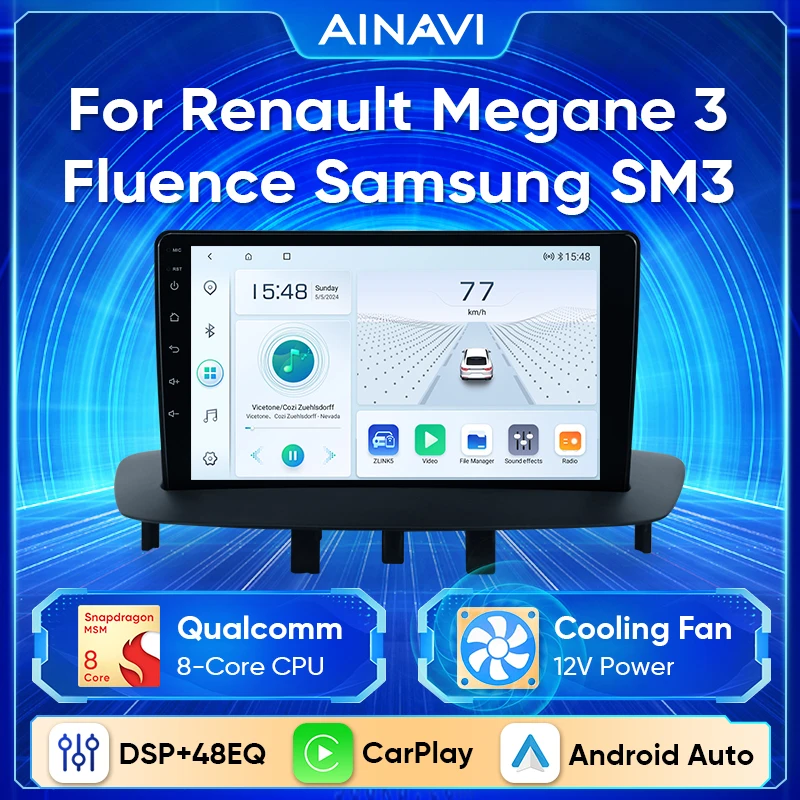 Ainavi Car Radio Multimedia Play For Renault Megane 3 Fluence Samsung SM3 2008-2014 Android13 Wireless Carplay Stereo DSP 48EQ