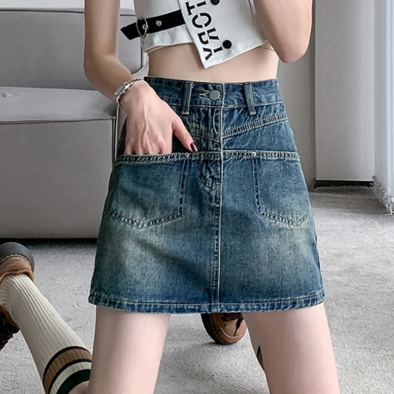 

High Waist Design Denim Skirt Women Fashion A-line Design, Niche Skirt Retro Blue Denim Shorts Summer High Quality Brand