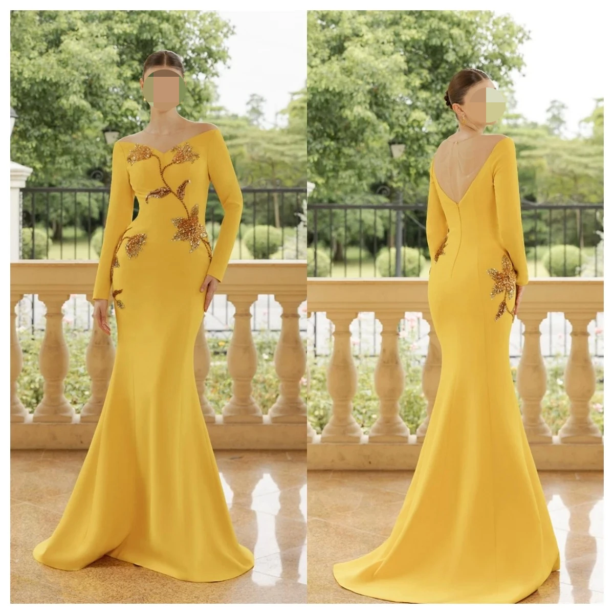 

Customized Exquisite Golden Jersey Evening Dress Boat Neck Off the Shoulder Long Sleeves Bridal Party Bridal Party Appliques