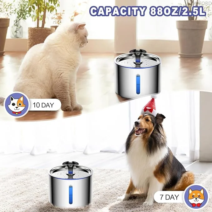 Pet Water Fountain 304 Stainless Steel Automatic Cat Drinking Fountain  2.5L Smart Water Dispenser with Transparent Window