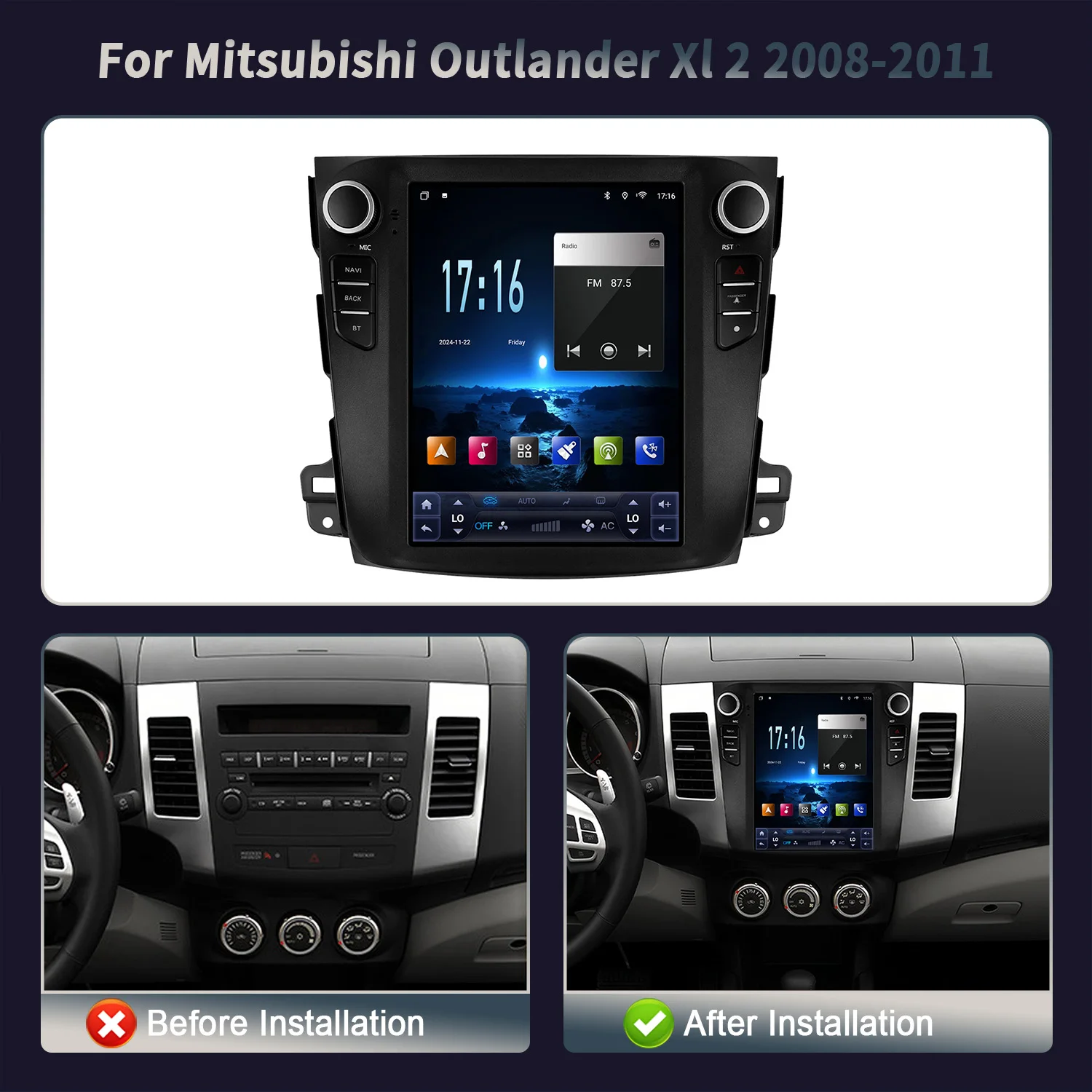 For Mitsubishi Outlander Xl 2 2008-2011 Android 14 Car Radio Multimedia Intelligent  Wireless Apple Carplay Touch Screen 9.7inch