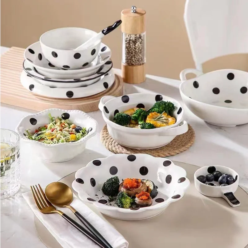 Creative Black Polka Dot Ceramic Dinner Plate Salad Bowl Home Breakfast Bowl Hotel Cooking Dish Porcelain Plate Kitchen Utensils