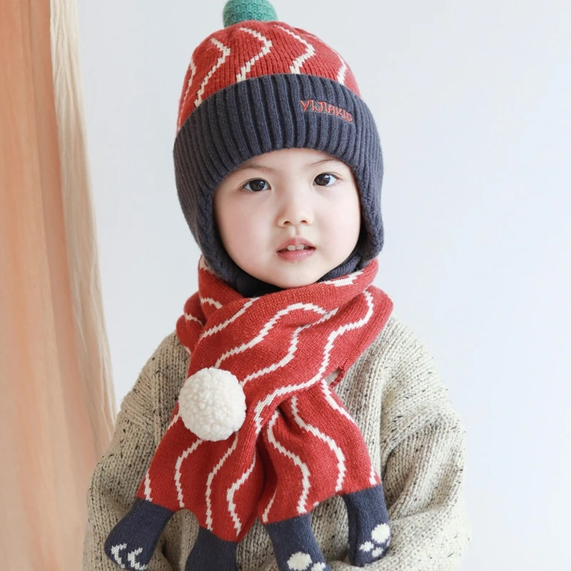 

Winter Outdoor Kids Beanie Hat with Scarf Girls Warm Knitted Hats Children Ear Protection Fashion Cap 1-5Y