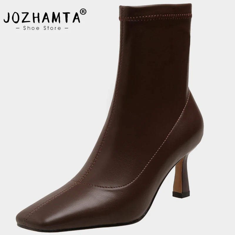 JOZHAMTA Size 34-39 Women Ankle Boots Stitched Side Zipper Stretch Boots Square Toe Kitten Heels Short Boots Fashion Dress