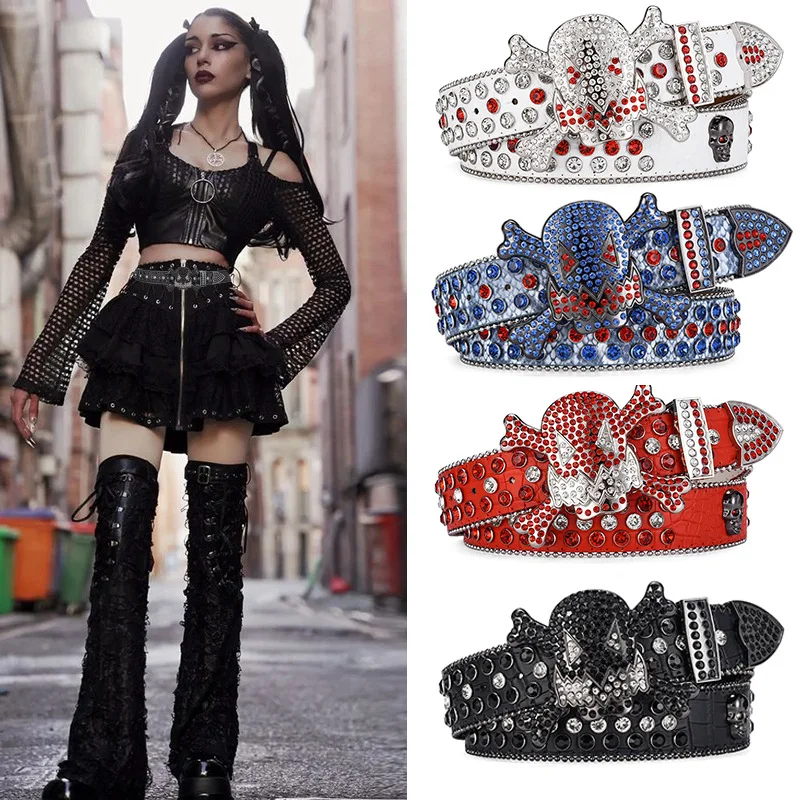 Halloween Skull Buckle Rhinestones Male Female Hip-Hop Punk Style Belt Personality Fashion All-Match Belt Ladies Diamond Belt