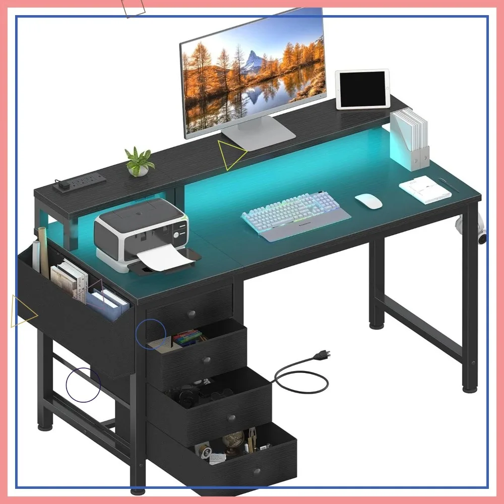 

47-inch Gaming Desk with LED Lights, Power Outlets, Fabric Drawers & Monitor Stand - Black Home Office Desk