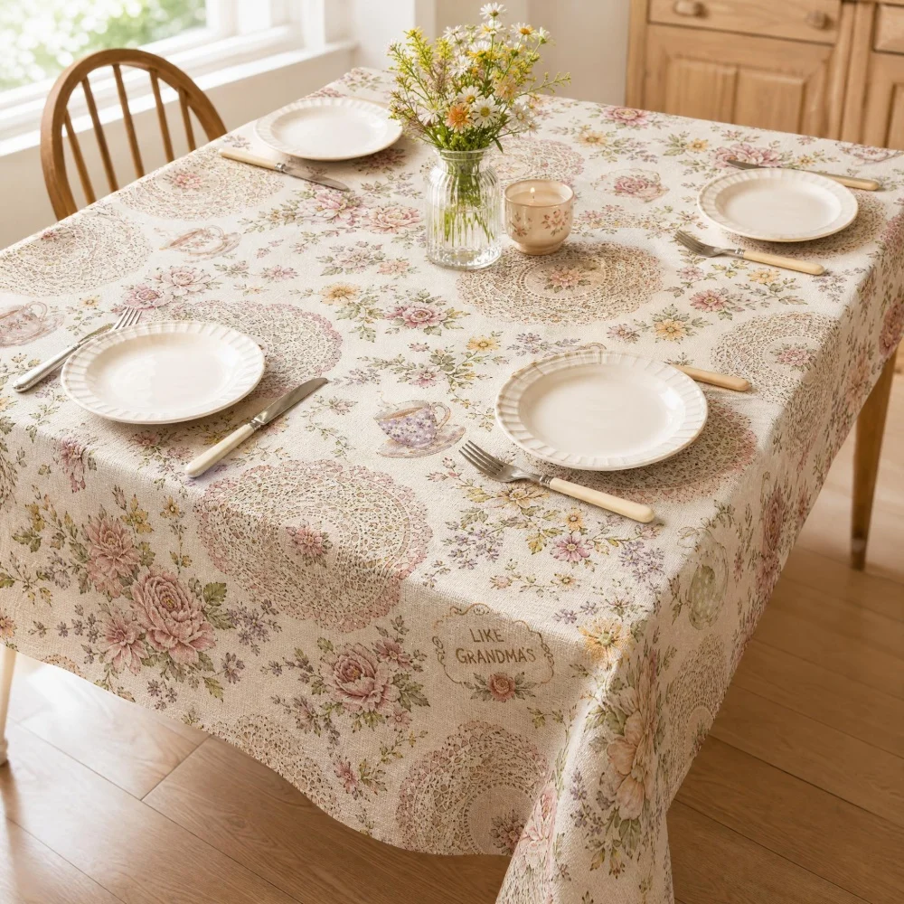 Vintage Grandma Style Floral Teacup Lace Doily Print Rectangle Tablecloth Cream Cottagecore Dining Table Cover Kitchen Decor