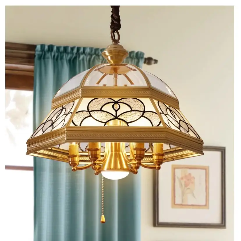 

European Village Bronze Pendant Light Deco Glass Hanging Lamp Continental Retro Modern Living Room Lamp Restaurant Bedroom Light