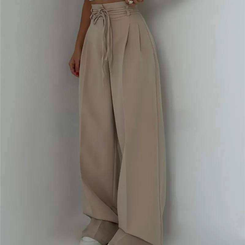 

Women's Fashionable Casual Trousers Solid Color High Waisted Loose Lace Up Folds Straight Leg Pants 2025 Autumn New Style