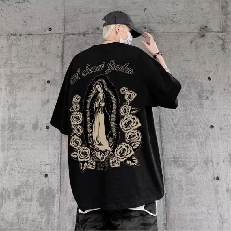 Men oversize loose fitting T-shirt American Renaissance Madonna printed with fashionable Tee oversized short sleeved youth trend