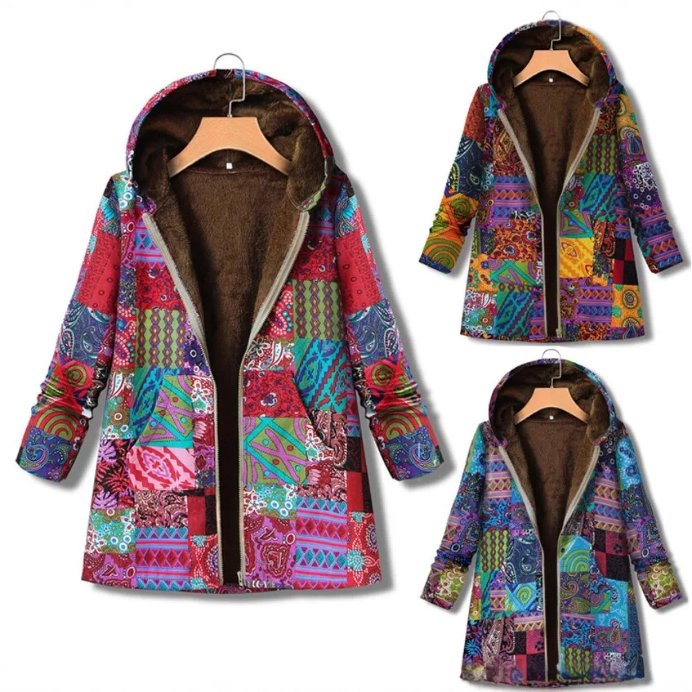 

Women's Vintage Cotton Linen Hooded Jacket Warm Printed Thickened Coat with Pockets for Autumn Winter