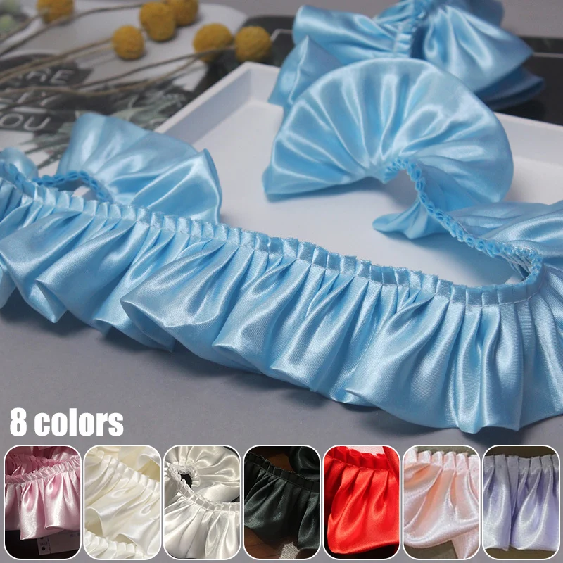 

10M Solid Color Shiny Satin Pleated Ribbon Fabric Ruffle Lace Edge Trim Hem for Diy Crafts Baby Dress Bouquet 5.5Cm Wide