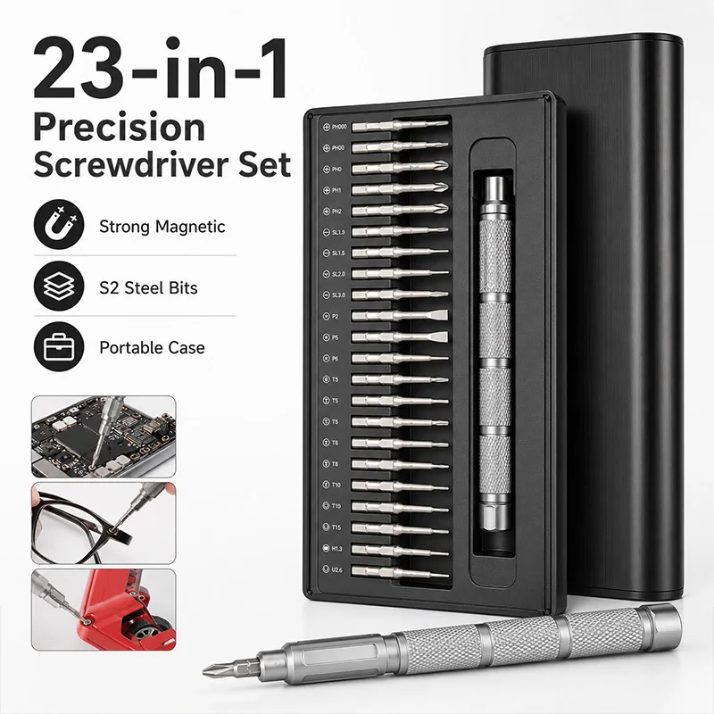 23-in-1 Precision Screwdriver Set Aluminum Alloy Ejector Magnetic Storage Case Repair Kit for Phone PC Watch Electronics Tools