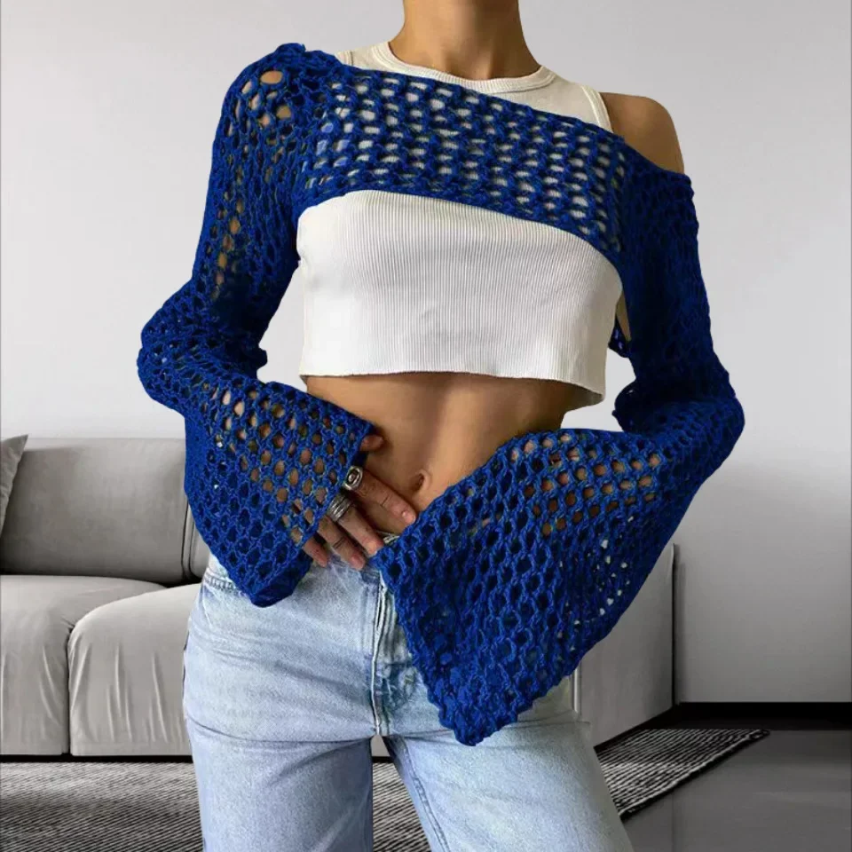 Women Summer Crochet Cover up Top Fashion Hollow out Long Sleeve Bikini Cover Up Top crochet tops beach