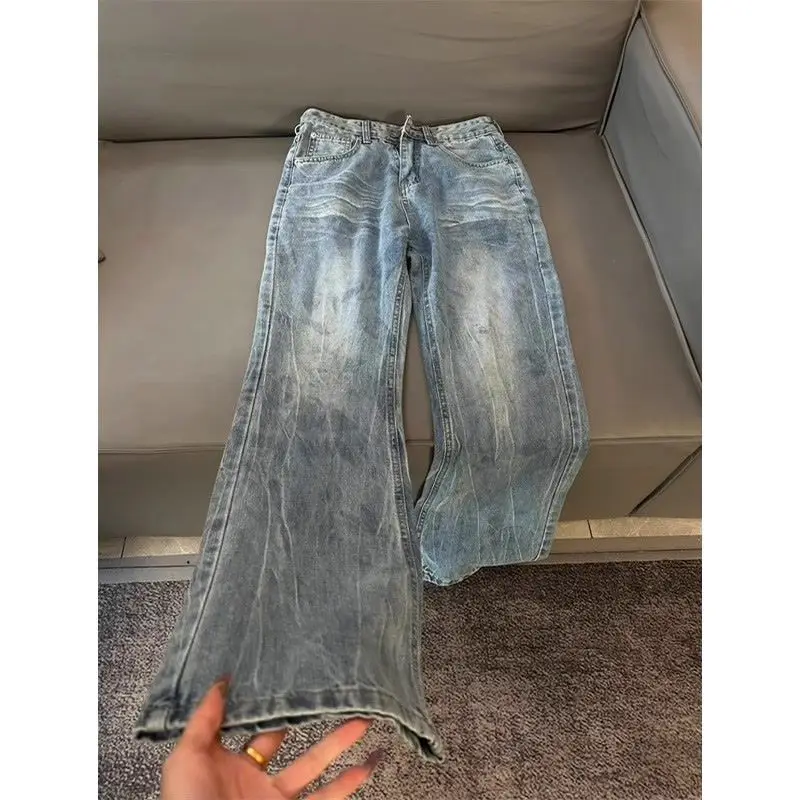 

Мужские джинсы с синим узором в виде молнии, летние, прямого кроя, зауженные, с широкими штанинами, микро-клеш, молодежные, повседневные