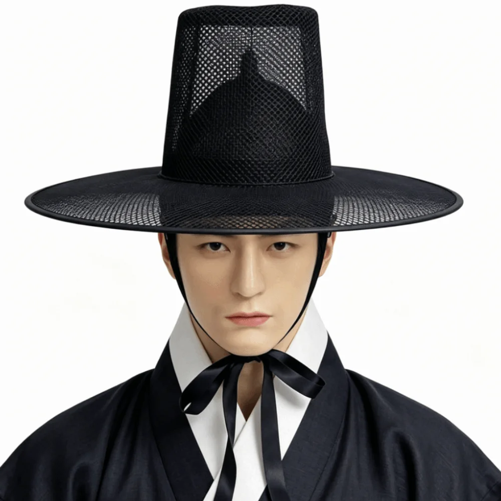 Lightweight Traditional Korean Gat Hat Adjustable Wide Brim Flat Topper Hat Square Top Ribbon Stage Performance Hat