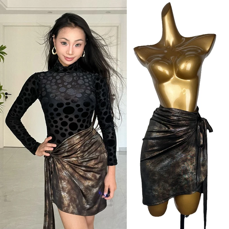 

Female Latin Dance Hip Scarf Costume One Piece Wrapped Triangular Scarf Practice Skirt Chacha Tango Samba Dance Clothes DQL9688