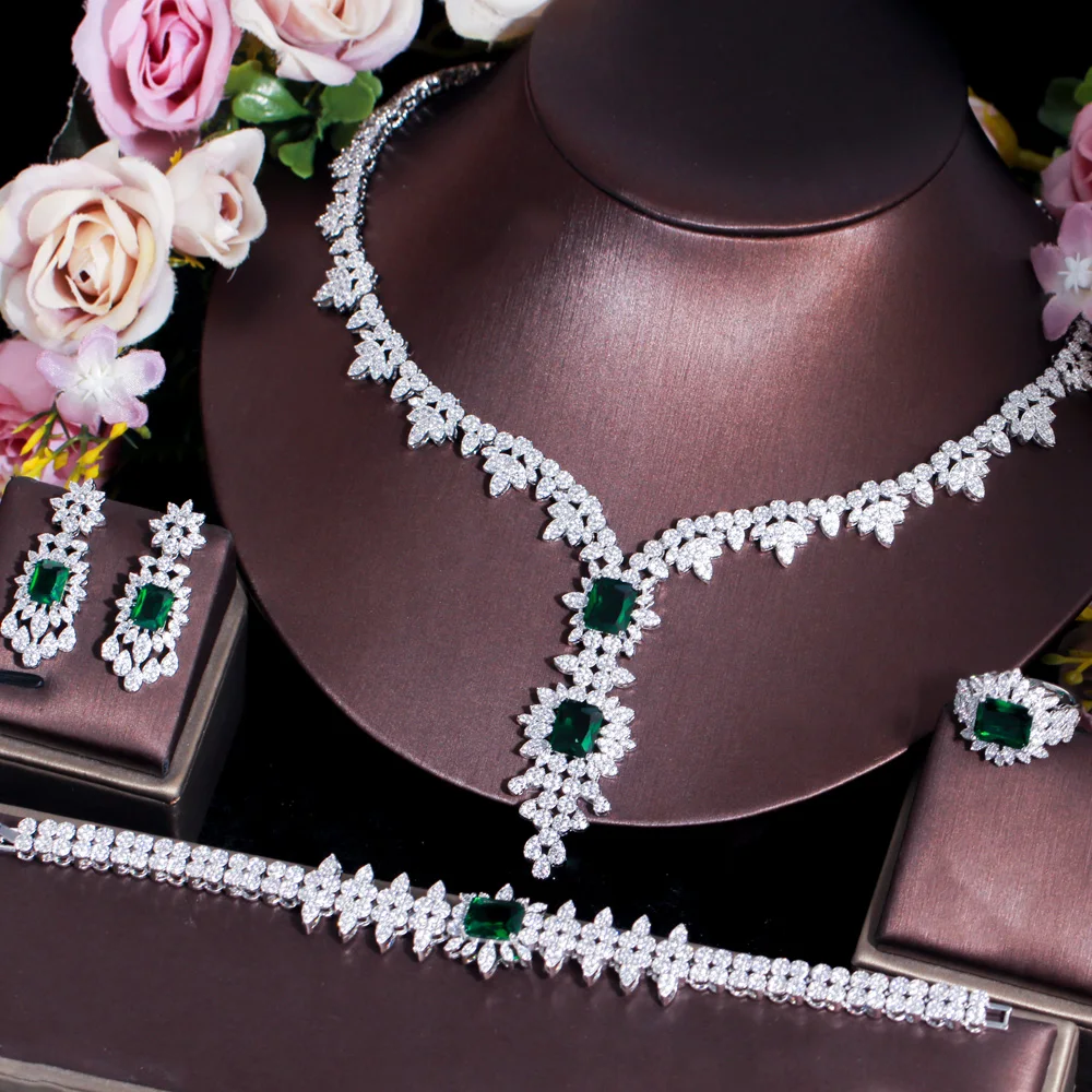 ANGELCZ Fine Brides 4Pcs Jewelry Sets White Gold Color AAAAA Bling Cubic Zircon Green Square Stone Wedding Accessories AJ216