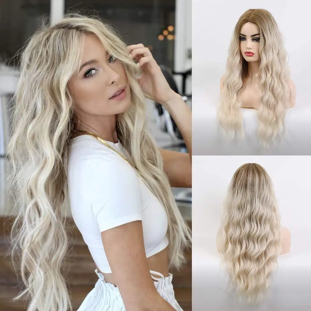 

ladies' synthetic dyed gradient middle-part long wavy hair full wig with fluffy acrylic high-temperature fiber, for daily wear