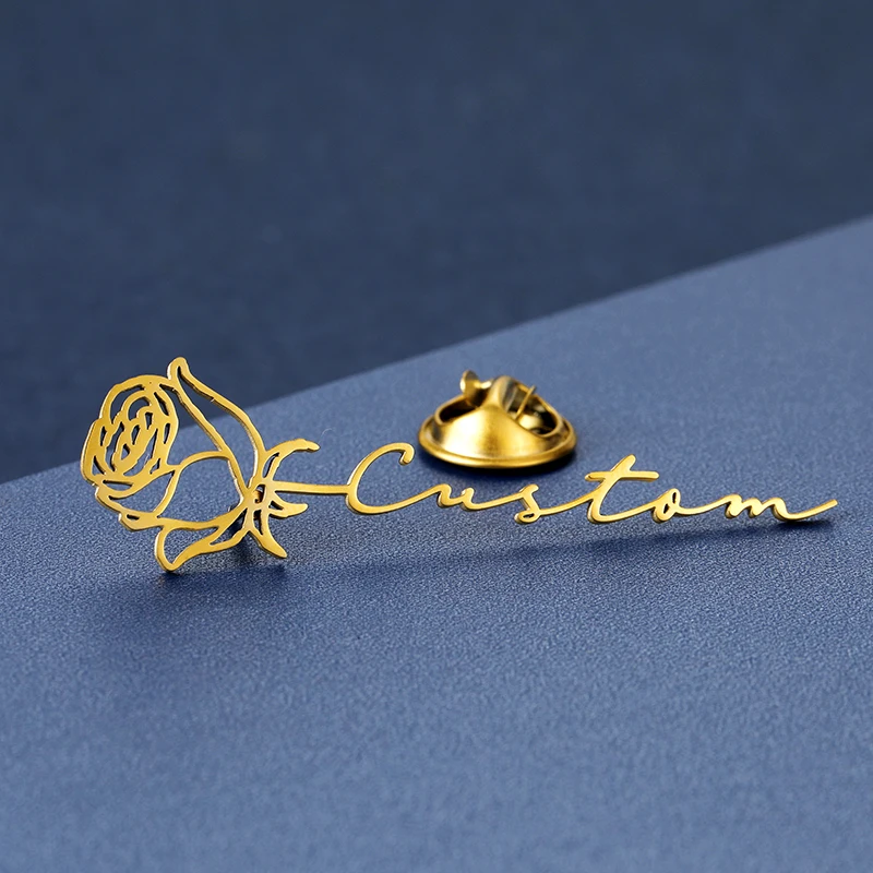Customized Birthday Flower Name Brooch Stainless Steel Letter Rose Pin Badges Brooches for Shirts Personalized ID Name Tag Gifts