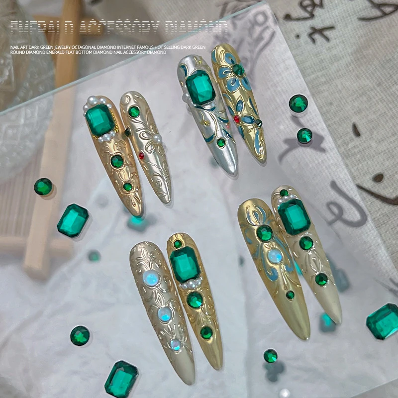 Crystal Rhinestones para Nail Art, costas planas, redondo, octogonal broca, gemas verdes, esmeralda, verde