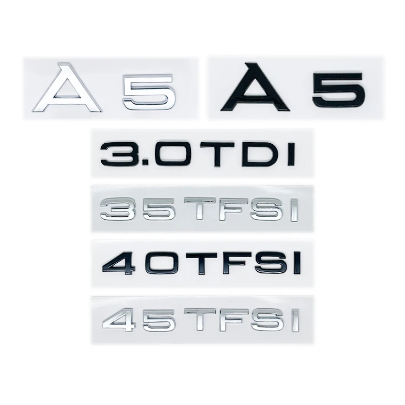 

Black/Silver 2.0TDI/3.0TDI/40TDI & 35/40/45TFSI Emblem - Letters Logo Sticker for Audi A5/S5 Fender/Trunk/Rear