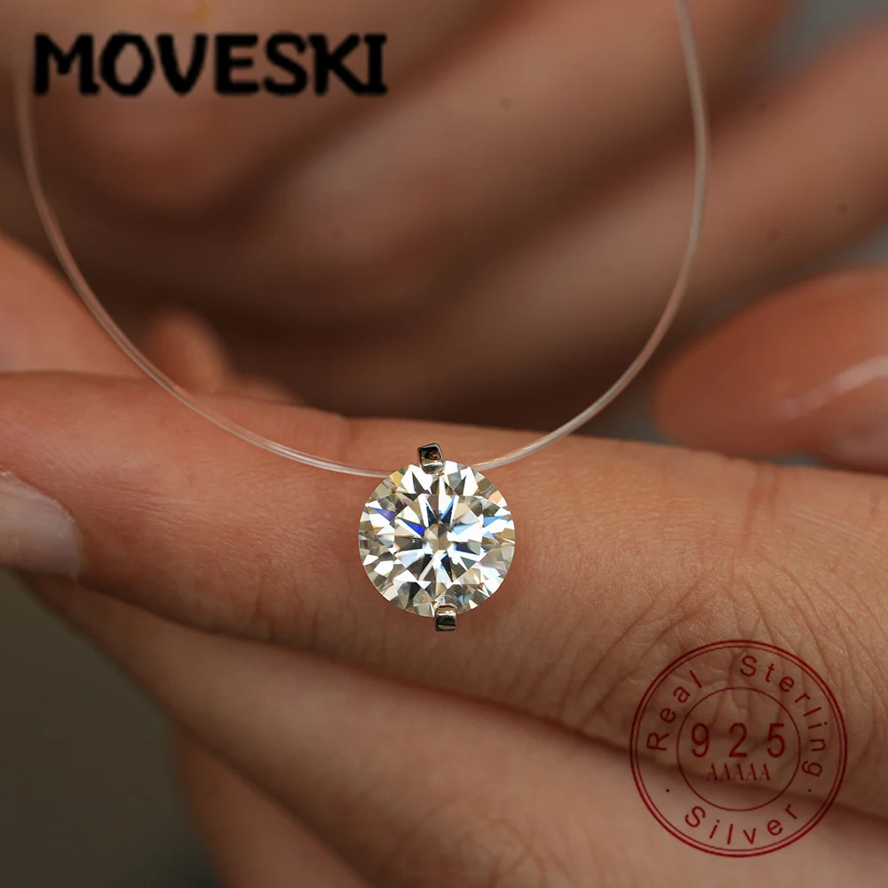 

Серебряное колье 925 пробы с невидимой цепочкой, подвеска-солитер с муассанитом цвета D, гипоаллергенное прозрачное колье-чокер для женщин