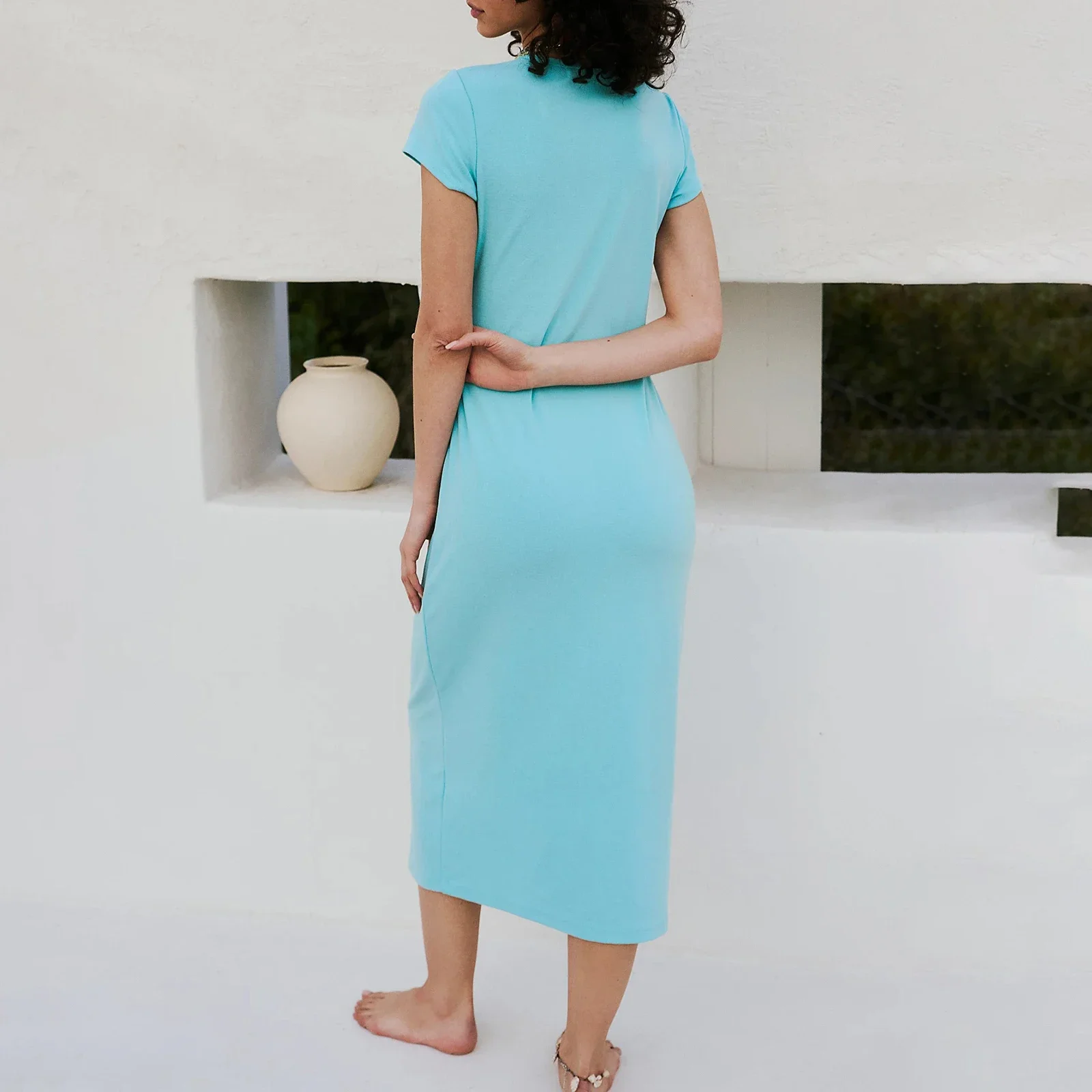 ผู้หญิงเสื้อยืดวันหยุดชุดลําลองฤดูร้อนสีทึบแขนสั้นชุดสําหรับ Beach ค็อกเทล Streetwear