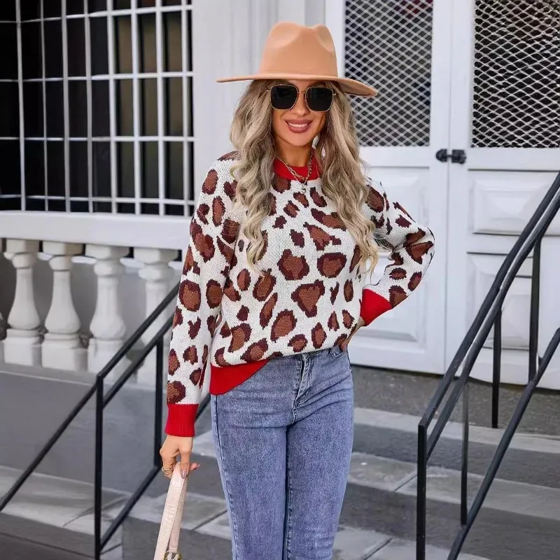 Casual Leopard Print Knitting Sweater Winter Women Pullovers 2024 New Korean Vintage Knit Sweater Pullover Casual Loose Jumper