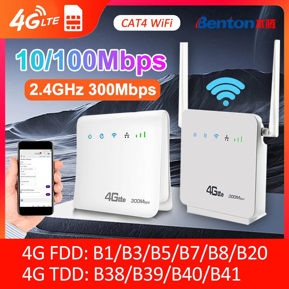 Benton CAT4 4G LTE Router 300Mbps Unlock Wireless Router with SIM Card Slot WiFi Repeater 4g WiFi Router Modem 32 Users