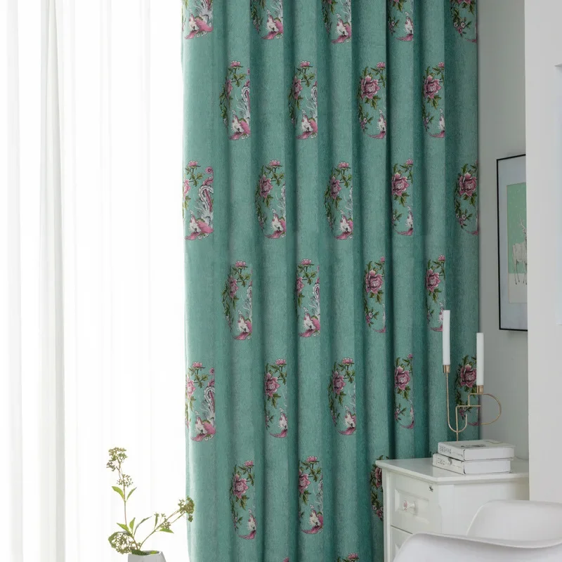 Double Sided Woven Jacquard Curtains Nordic Velvet Curtain Chinese Style Chenille Phoenix Peony Atmospheric Curtains Color Peony