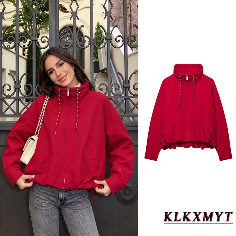 Damen Herbstmode Rote Jacken Elegante Stehkragen-Reißverschluss-Schnürjacken Freizeit Langarm Pendler Einfarbiger Kurzmantel