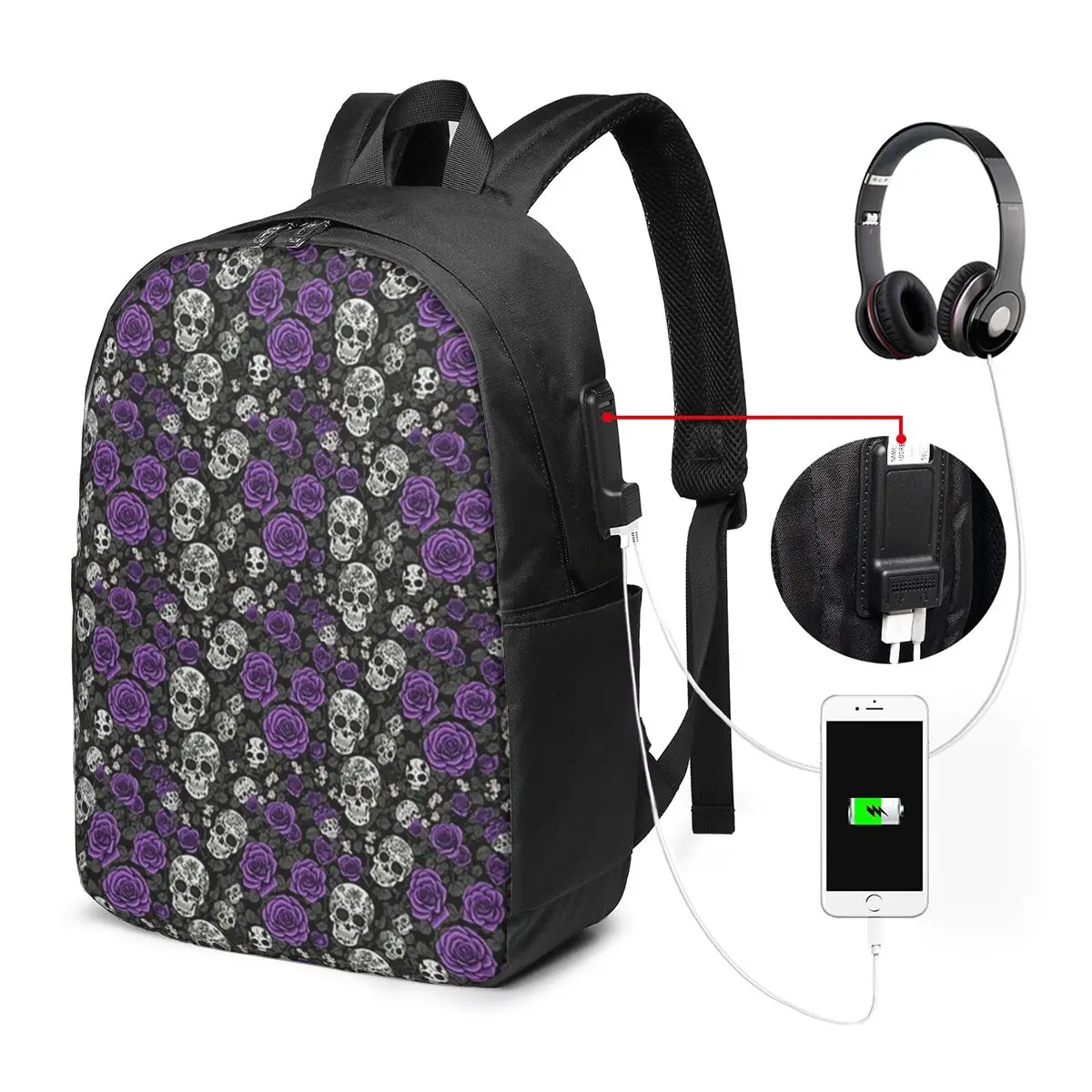 Gothic Purple Roses And Skulls Backpack Travel Notebook Bag Computer College Student School Bag Laptop Shoulder Bags Men Women