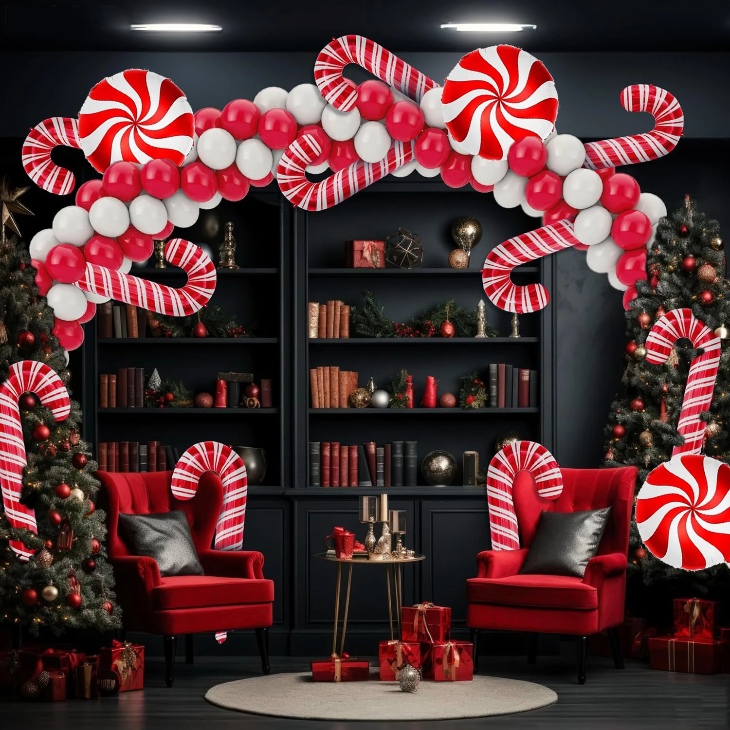 23pcs Red Bow Candy Cane Handheld Stick Windmill Balloon Set Christmas Party Home Interior and Exterior Decoration