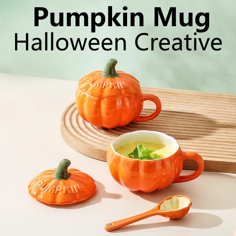 Taza de calabaza, Taza de cerámica con cuchara, creativa de Halloween con asa, a prueba de quemaduras, estilo lindo, tazas de leche para desayuno, taza de café