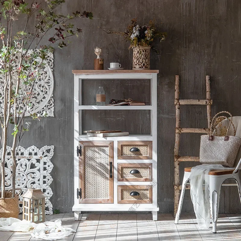 for American Rural Retro Old Imitation Bamboo Weaving Dining Side Tea Cabinet Storage Shelf B&B Decoration Storage Locker
