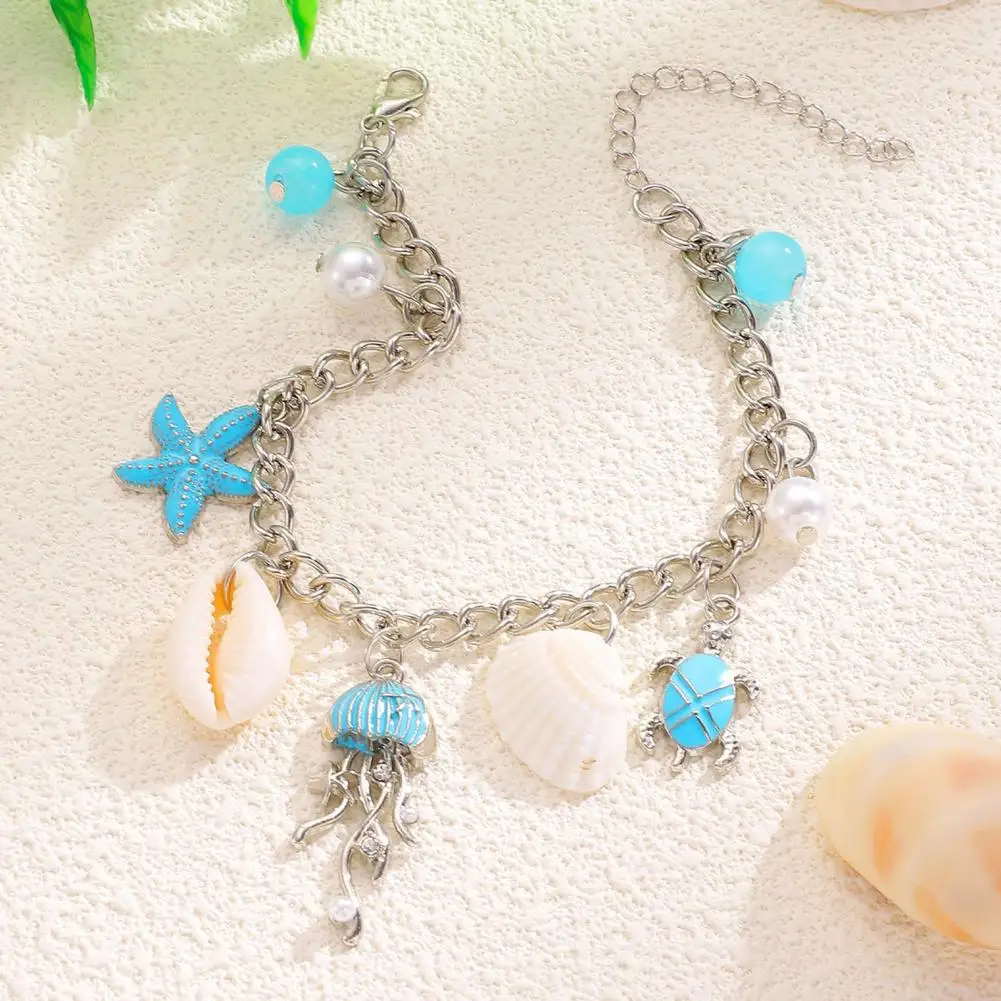 Ocean-Inspired Anklet Jellyfish Turtle Shell Starfish Charms Anklet Alloy Adjustable Length Elegant Marine Life Anklet
