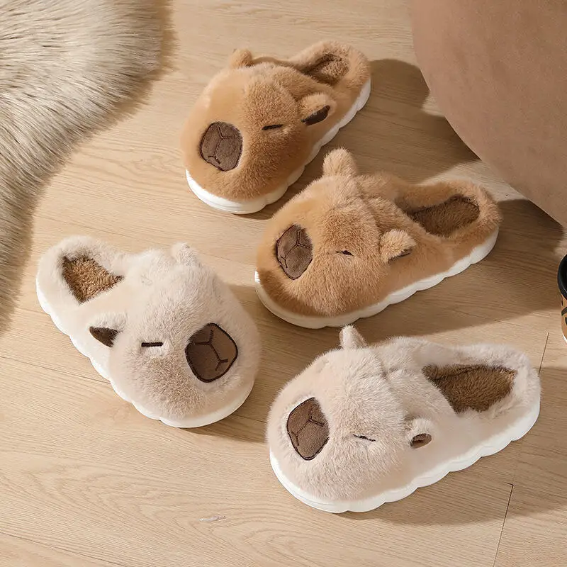 Mignon dessin animé Capybara coton pantoufles femmes 2025 hiver doux fond épais intérieur Couple diapositives chaud fausse fourrure chambre pantoufles