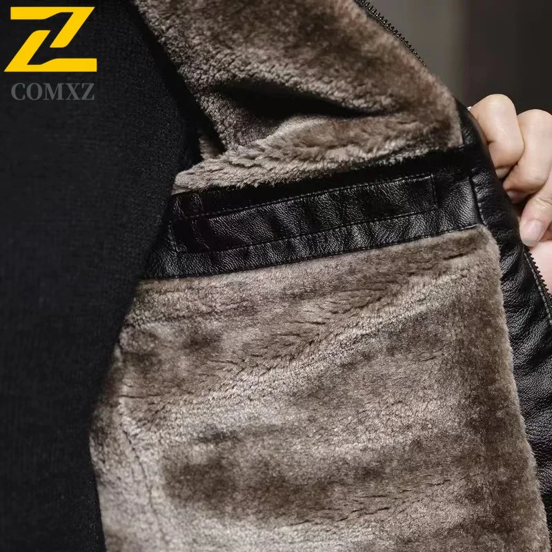 Winter Men's Leather Jacket 2025 New Solid Color Plush and Thick Outdoor Travel Lapel Windproof Coat Men's Warm Leather Clothing