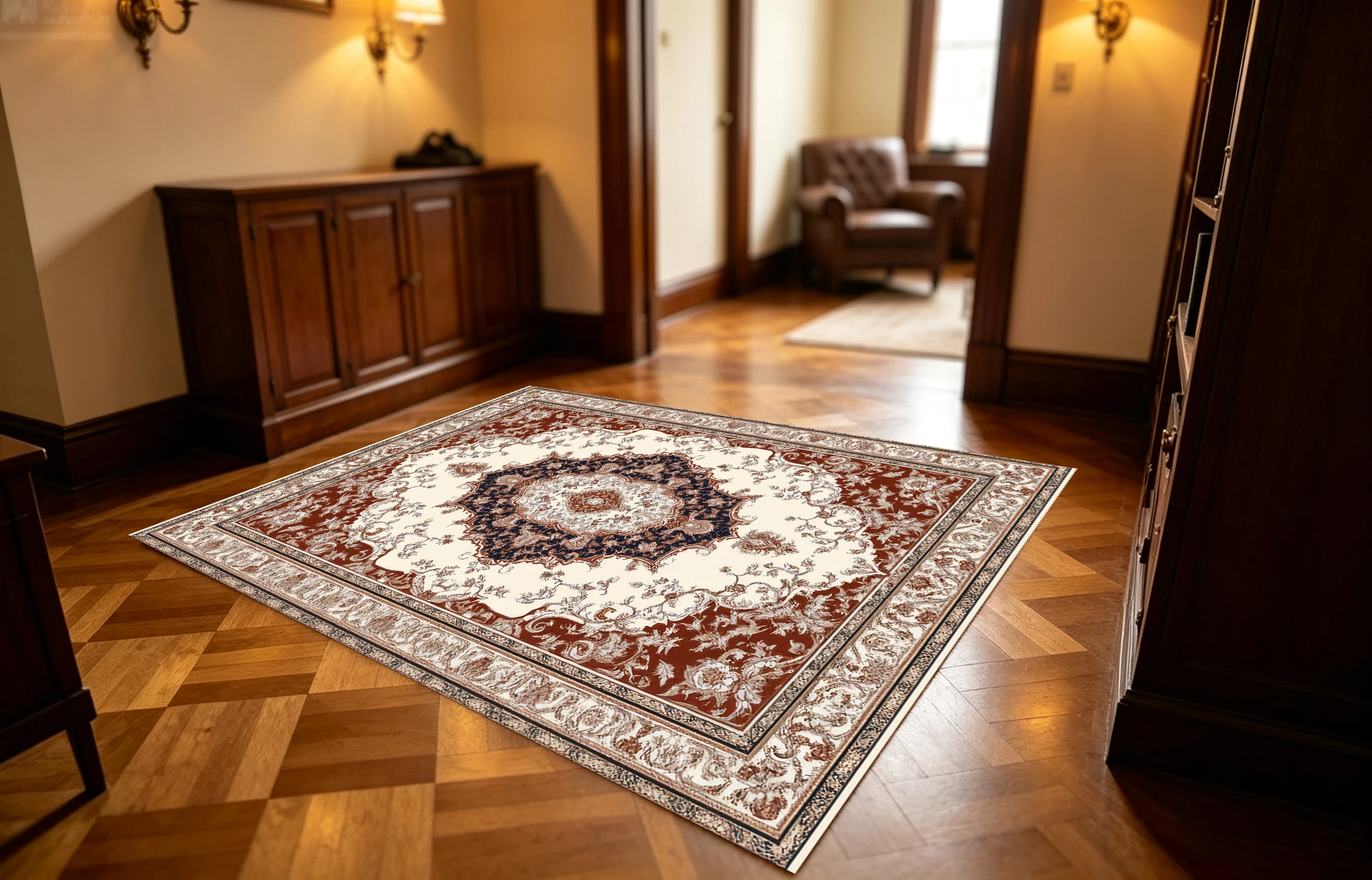 2D Large Rug in Red, Brown, and Off-White European Persian Pattern, Soft and Comfortable, Suitable for Living Rooms and